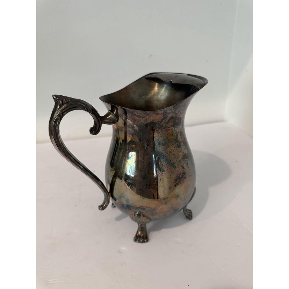 Vintage Silver Plated Water Pitcher Ice Lip Guard Footed Claw Feet Leonard Large